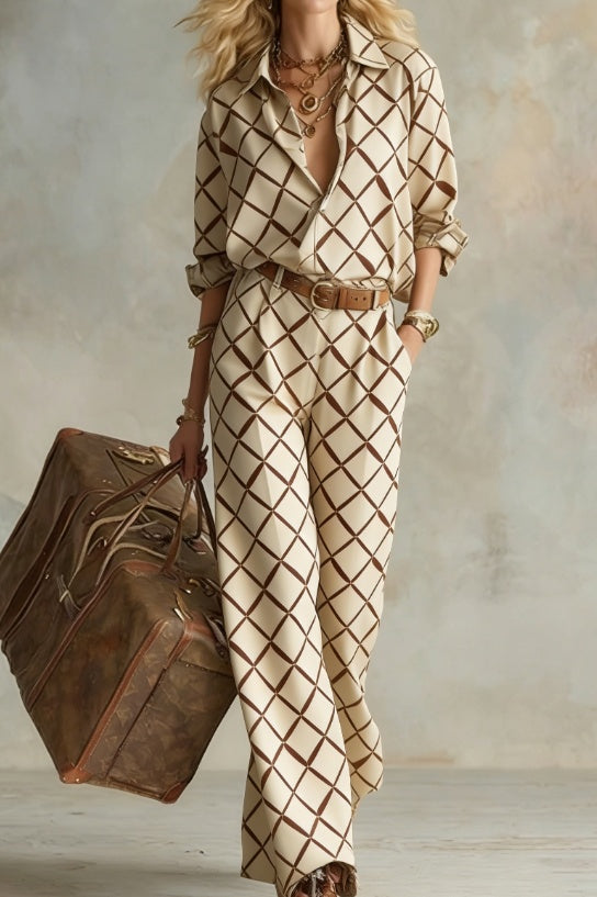 Women's Collared Long-Sleeve Shirt and Wide-Leg Pants Set - Image 3
