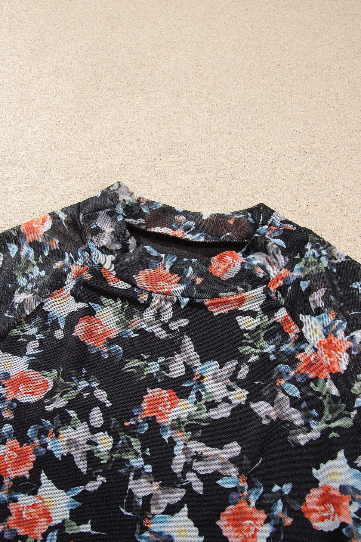 Floral Mesh Thumbhole Long Sleeve Mock Neck Top