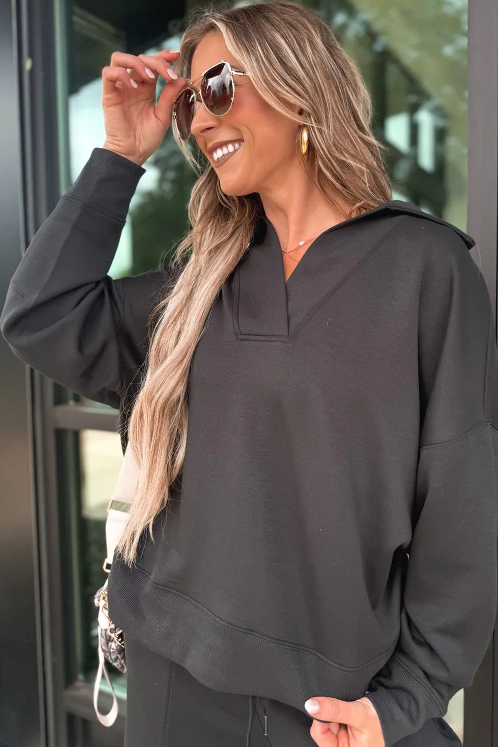 Bristol Black Collared V-Neck Pullover Sweatshirt & Sweatpants Set