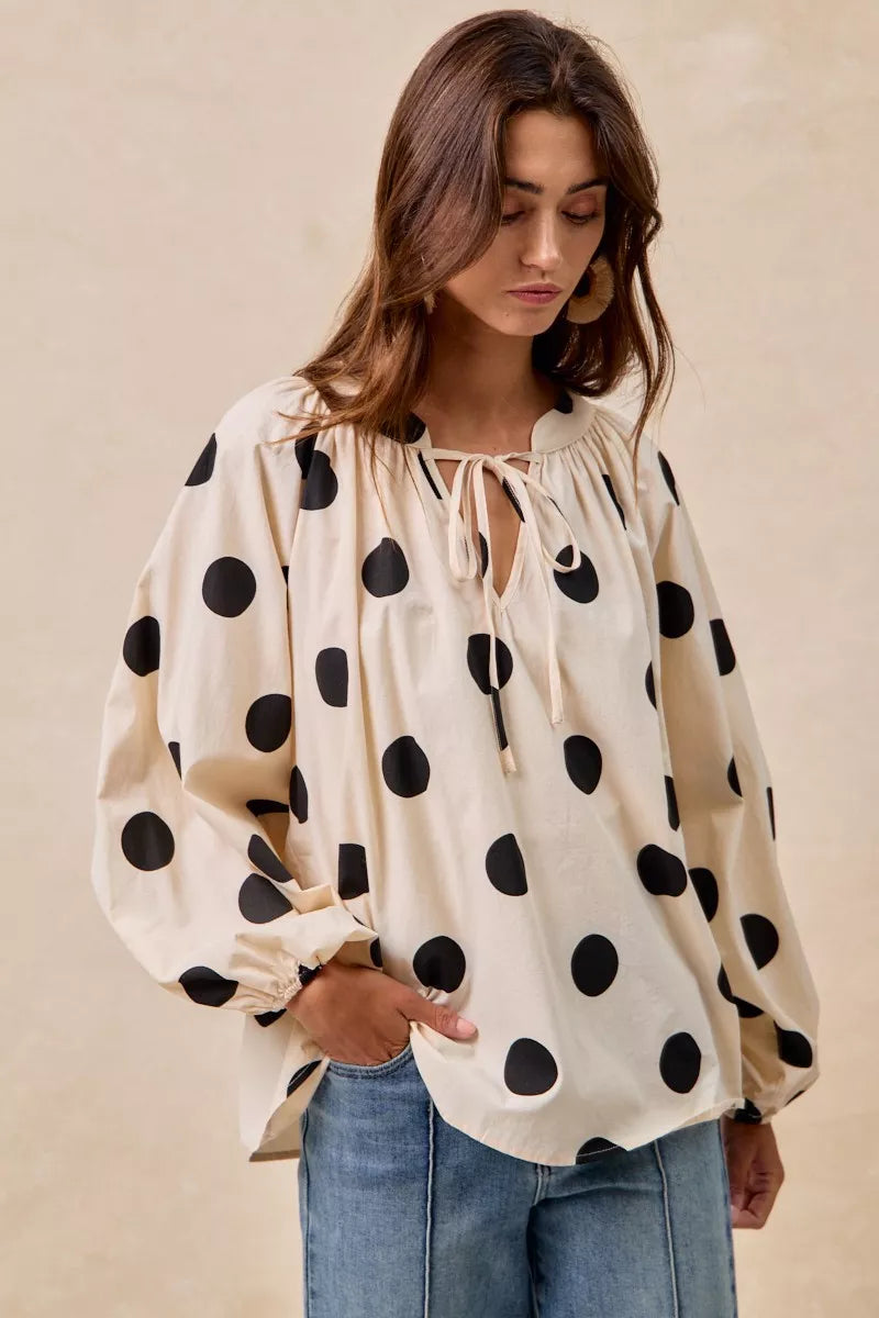 BiBi Polka Dot Exaggerated Balloon Sleeves Blouse