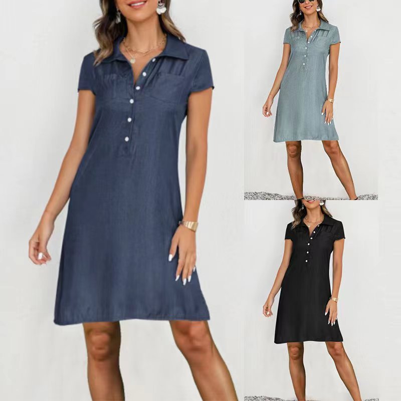 Minimalist denim swing dress with split pockets and three-dimensional detailing in deep blue