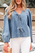 Solid Denim Tie-Front Puff Sleeve Top