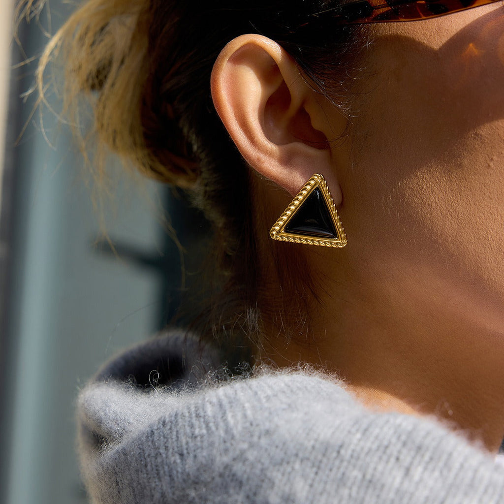 18K Gold Triangle Black Onyx Stud Earrings Geometric Design