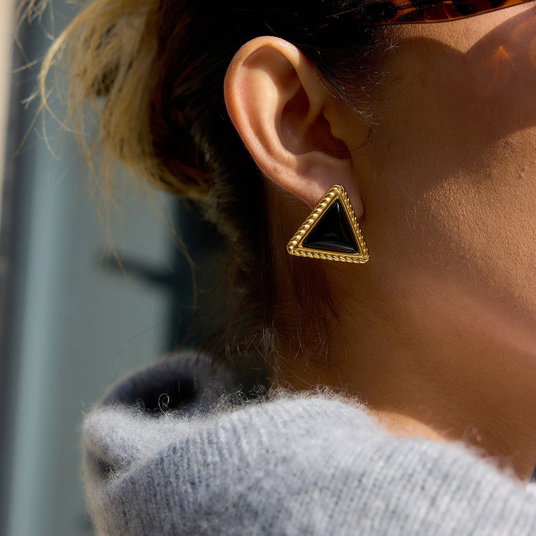 18K Gold Triangle Black Onyx Stud Earrings Geometric Design