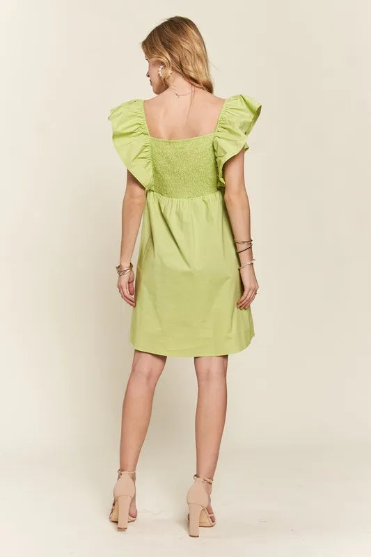 Lime Green Smocked Back Ruffled Cap Sleeve Babydoll Mini Dress