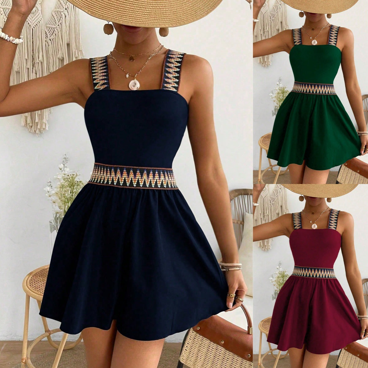 Women's Sleeveless Printed Waist Romper for Summer Vacations
