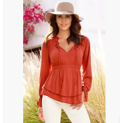 Women's Long Sleeve Dual Layer V-Neck Peplum Blouse - Image 8