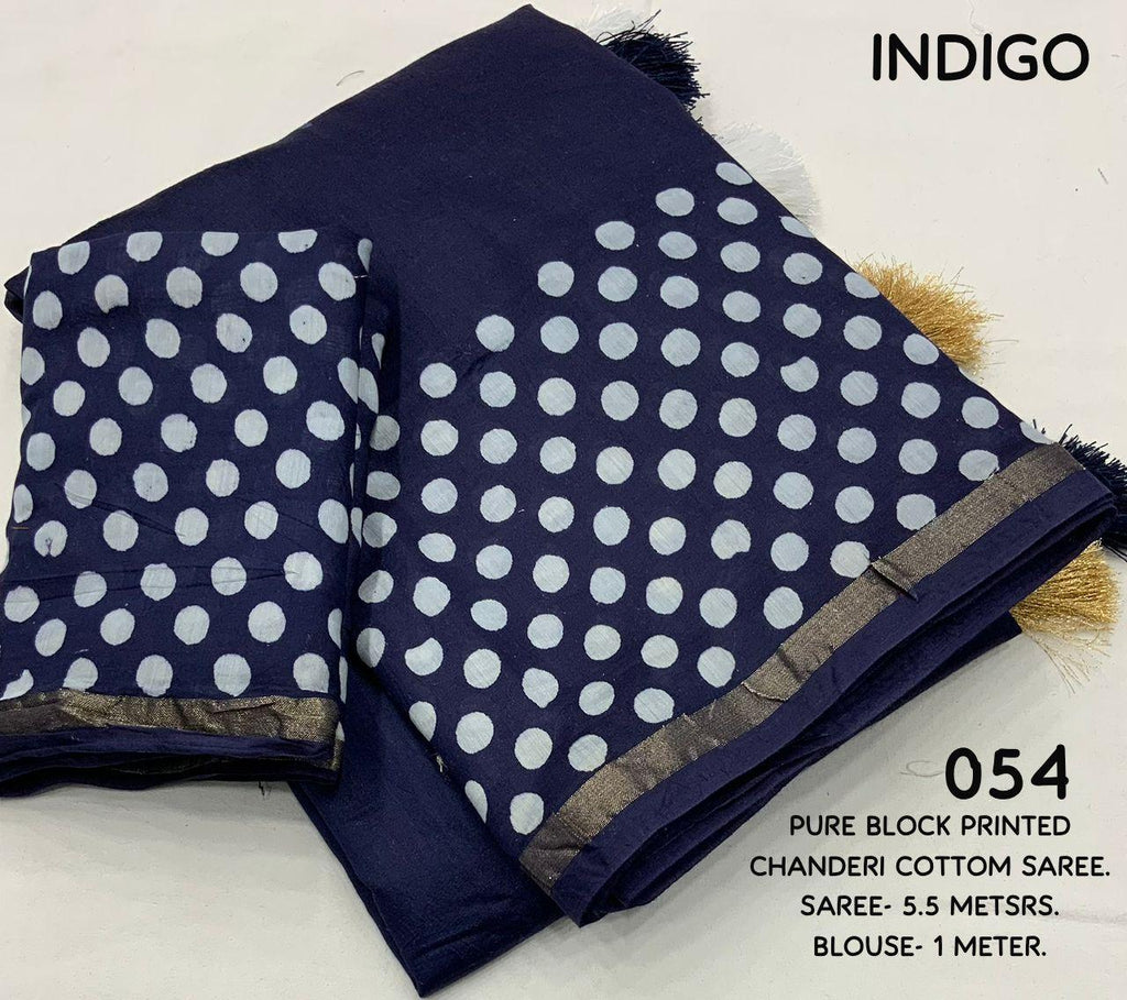 Blue Pure Chanderi Cotton Saree with Hand Block Prints