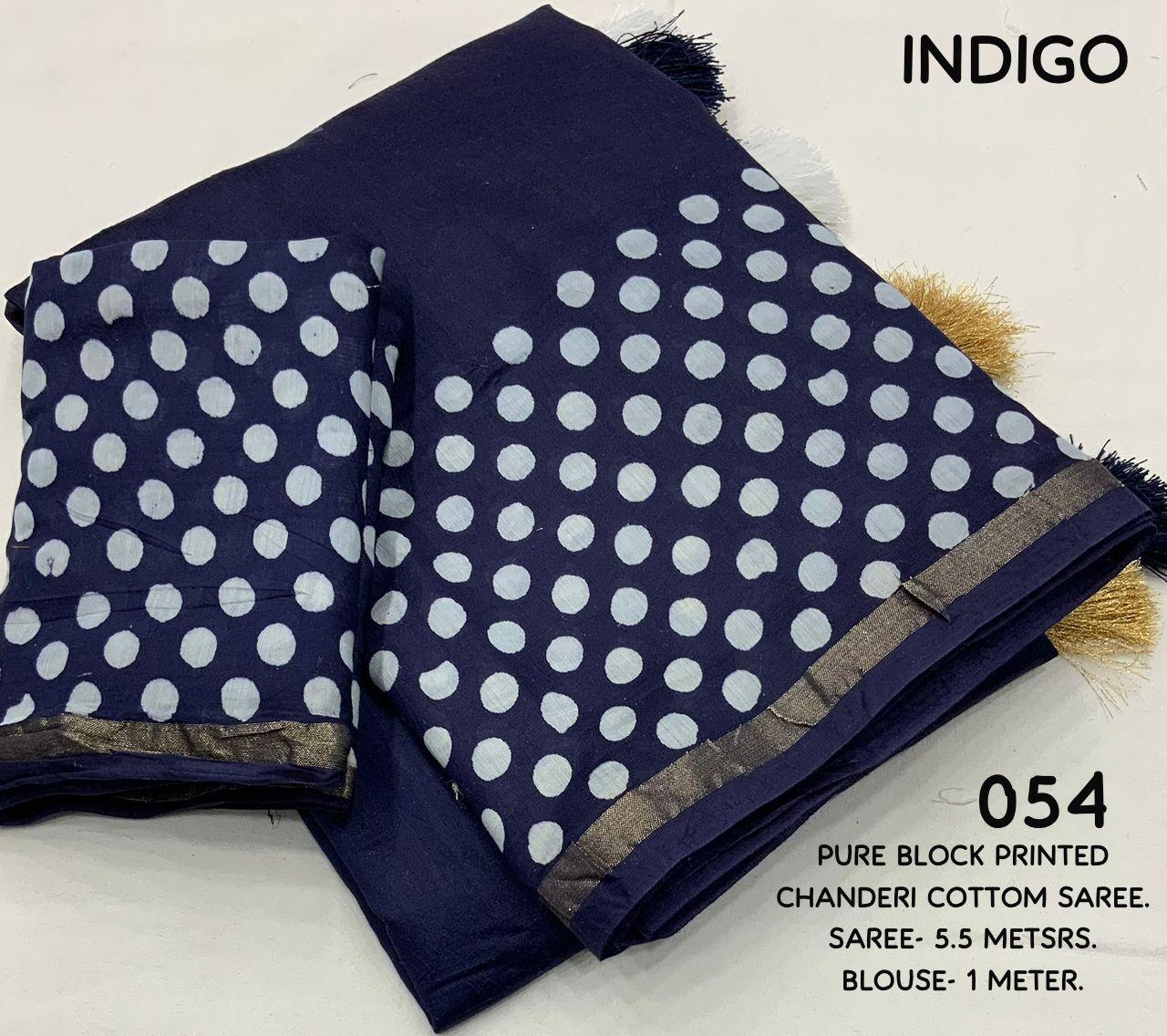 Blue Pure Chanderi Cotton Saree with Hand Block Prints
