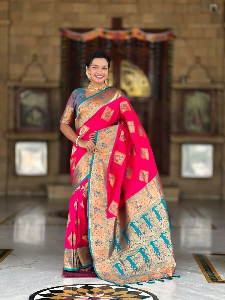 Rani Pink Soft Banarasi Silk Saree with Zari Meenakari Design