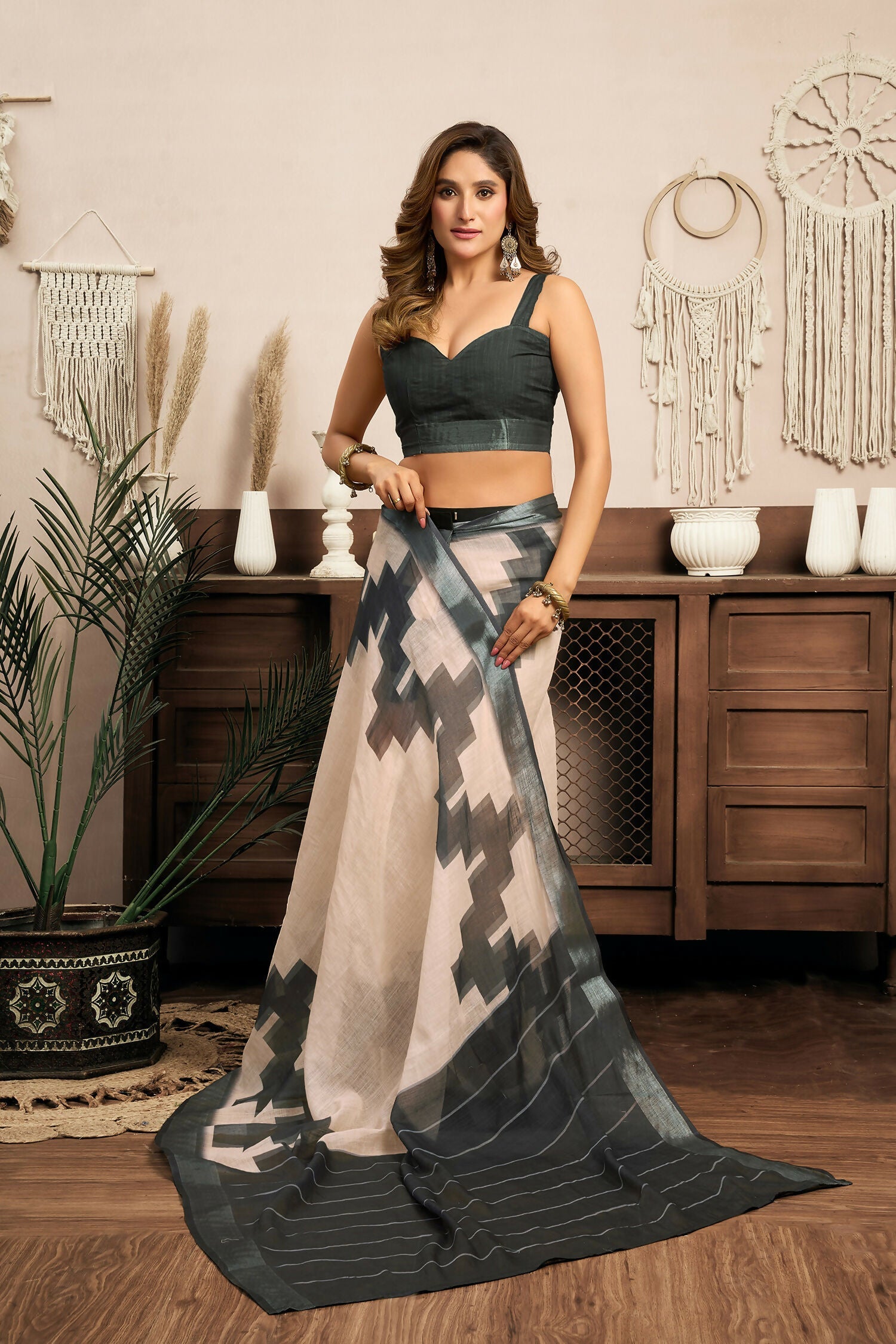 White and Grey Ethnic Motifs Linen Ready to Wear Saree
