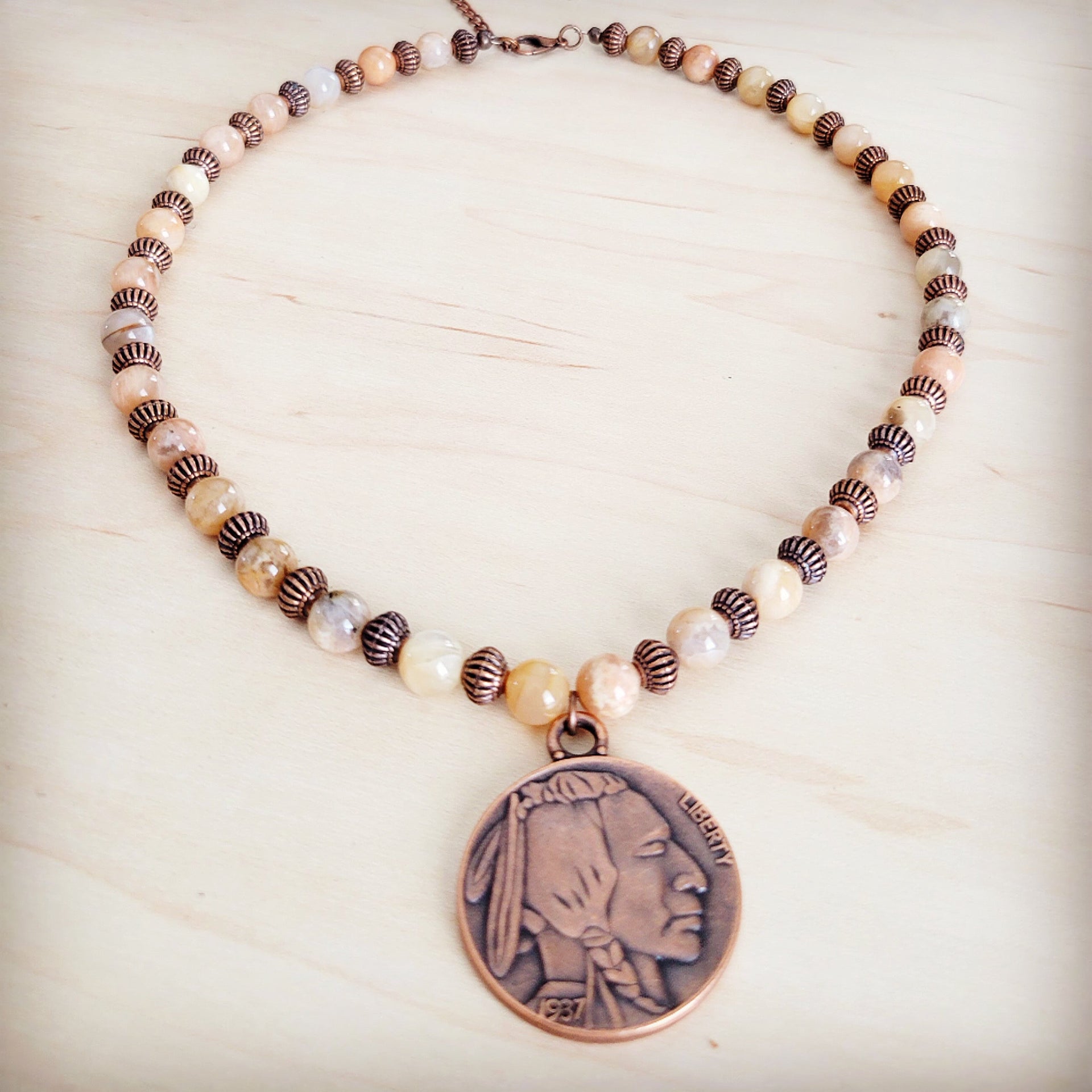Natural Agate Beaded Necklace with Copper-Tone Indian Head Pendant - Image 3