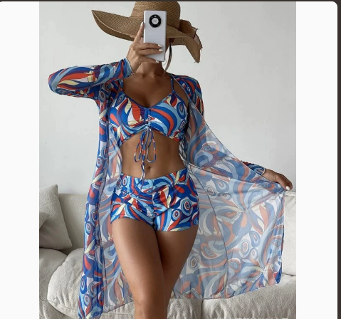 Three-Piece Bikini Set with Sheer Mesh Cover-Up and Briefs