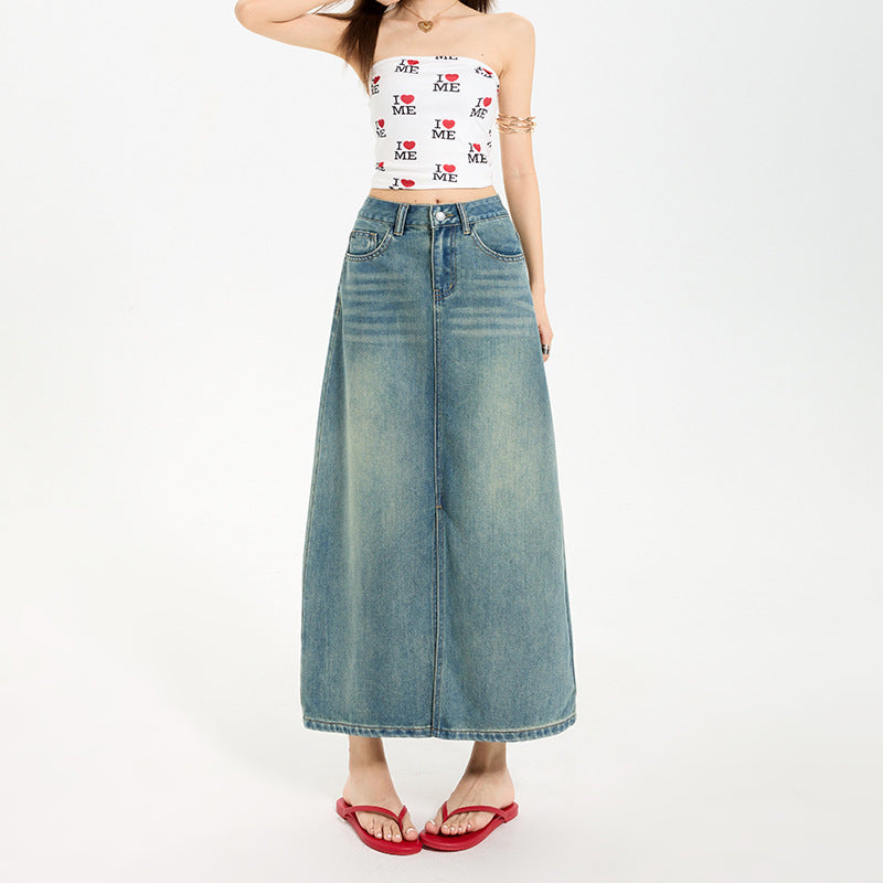 Women's High Waist Slit A-Line Denim Maxi Skirt - Vintage Wash - Image 2