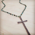 African Turquoise Beaded Necklace with Antique Copper Cross