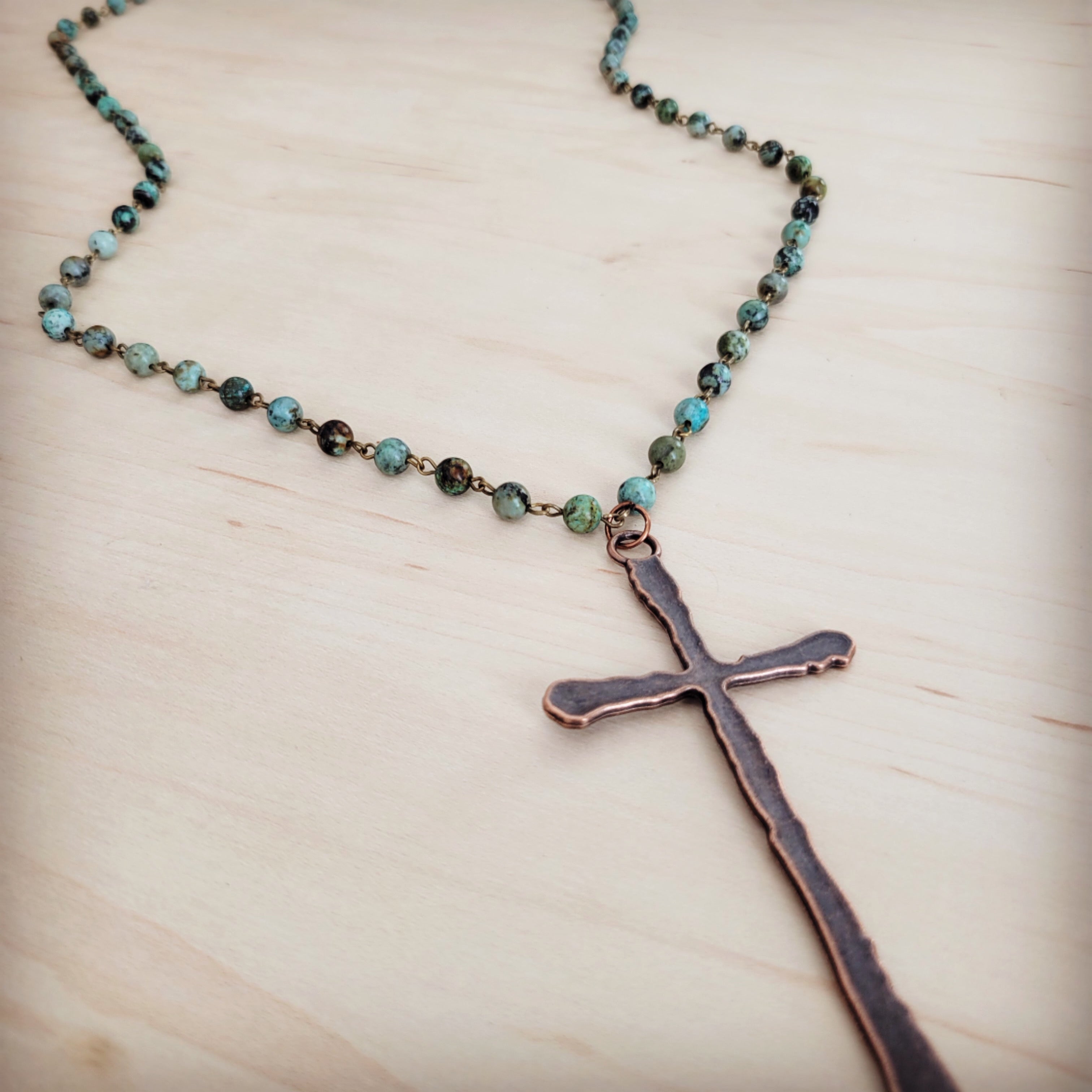 African Turquoise Beaded Necklace with Antique Copper Cross