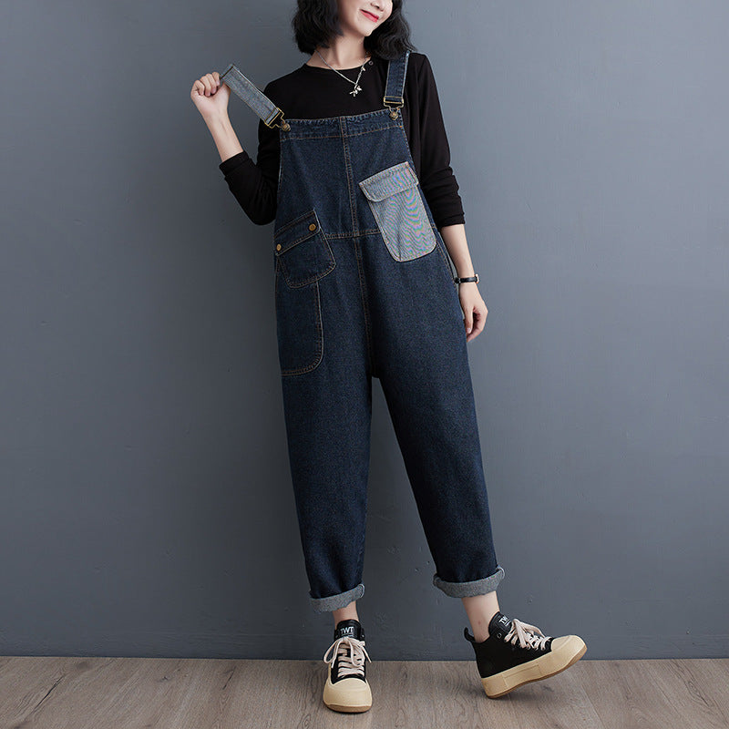 Women's Denim Cowboy Cropped Overalls - Relaxed Harajuku Style - Image 2