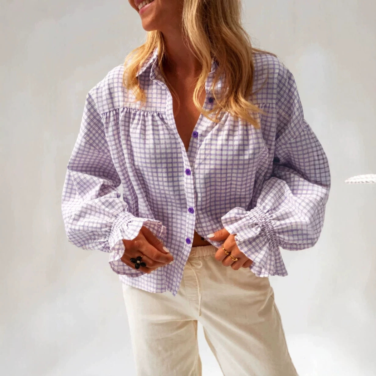 Women's Plaid Flared Sleeve Shirt Loose Fit Long Sleeve Button-Up