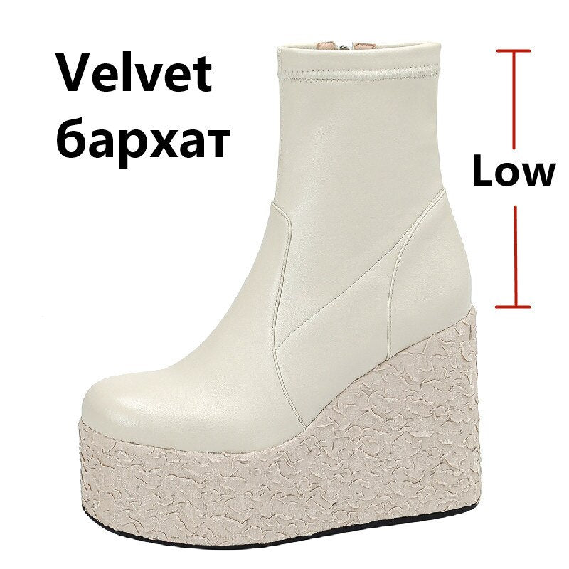 Women's Black Ankle Boots with High Platform Wedge Heels