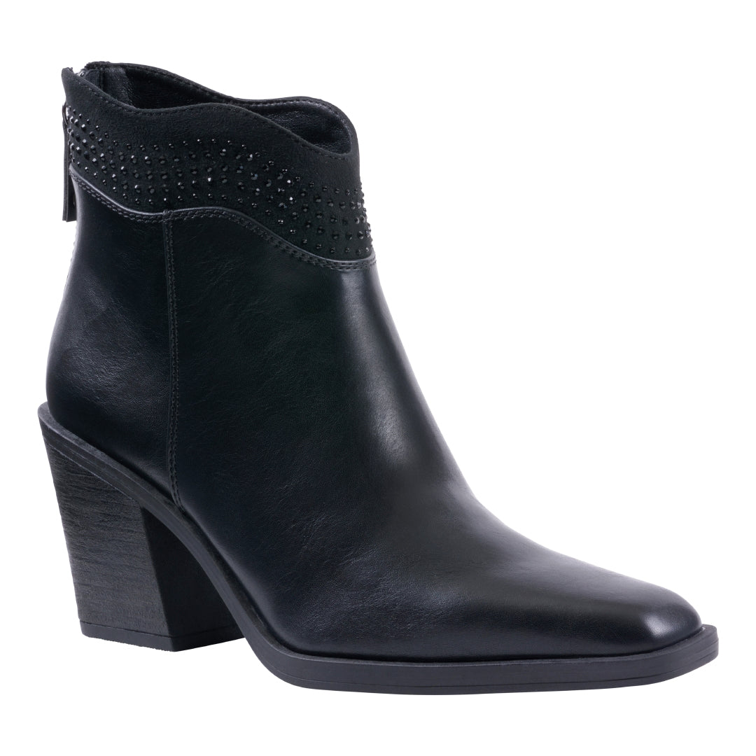 Side view of black ankle booties with a studded collar and western block heel.