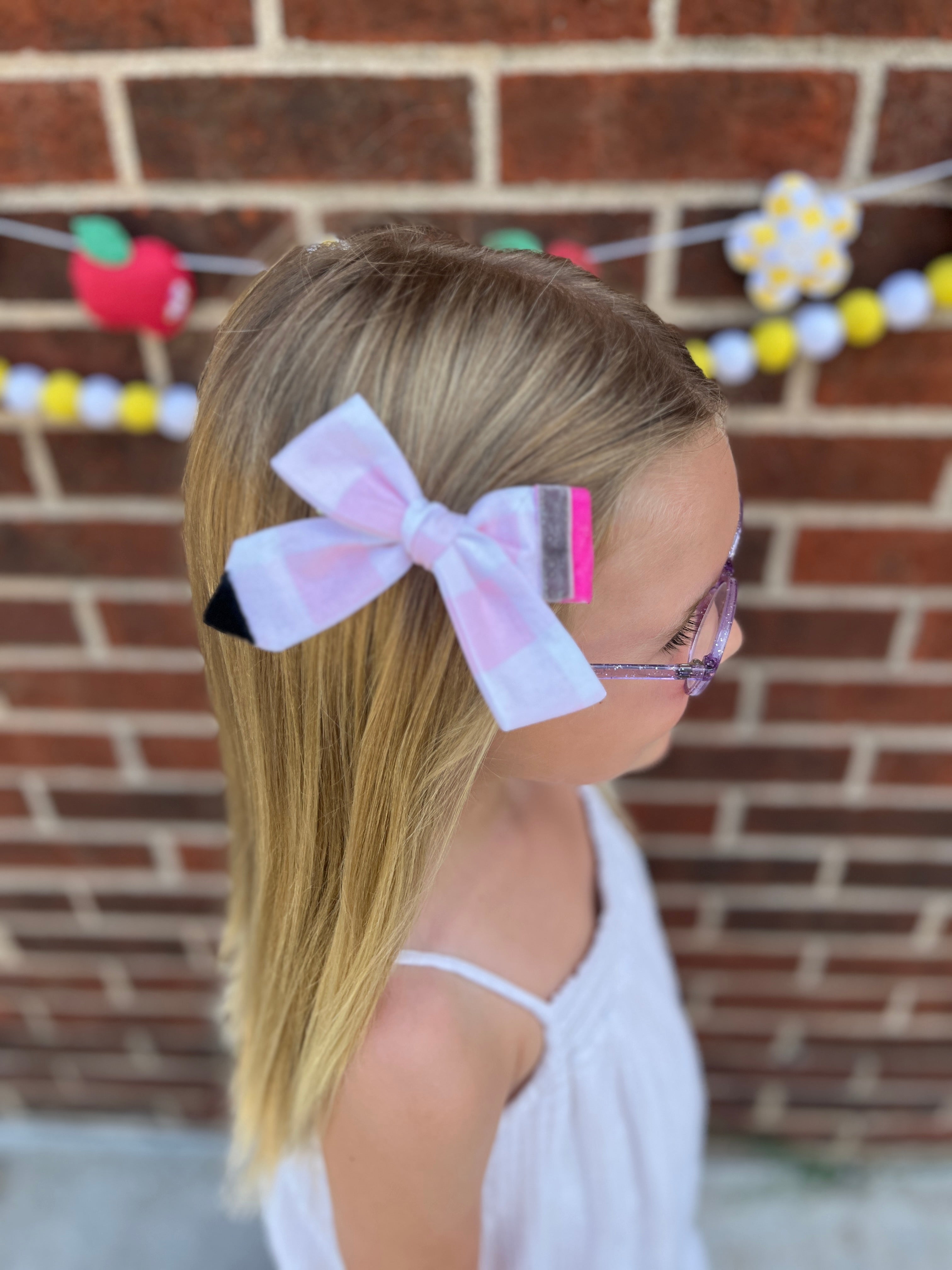 Pink Gingham Pencil Medium Hair Bow