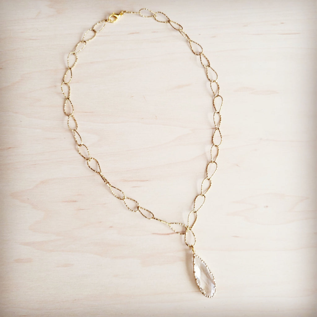 Gold-Tone Teardrop Pendant Necklace with Textured Oval Links - Image 3