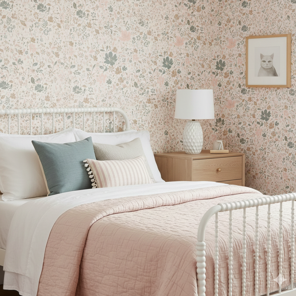 Martie floral pattern wallpaper featuring pink, sage-green, and cream botanical print on a wall.