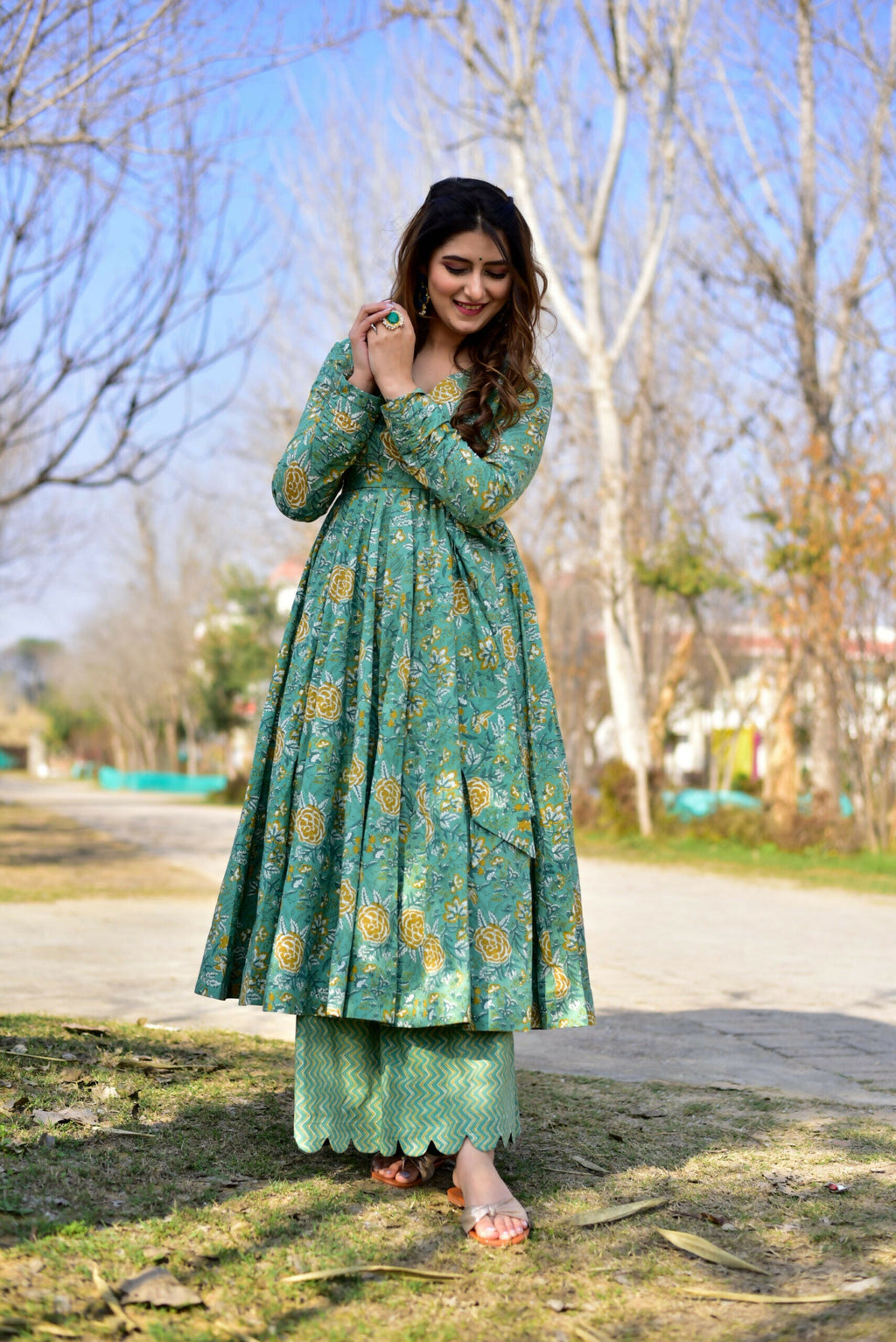 Women's Sea Green Cotton Silk Kurta and Plazo Set with Print