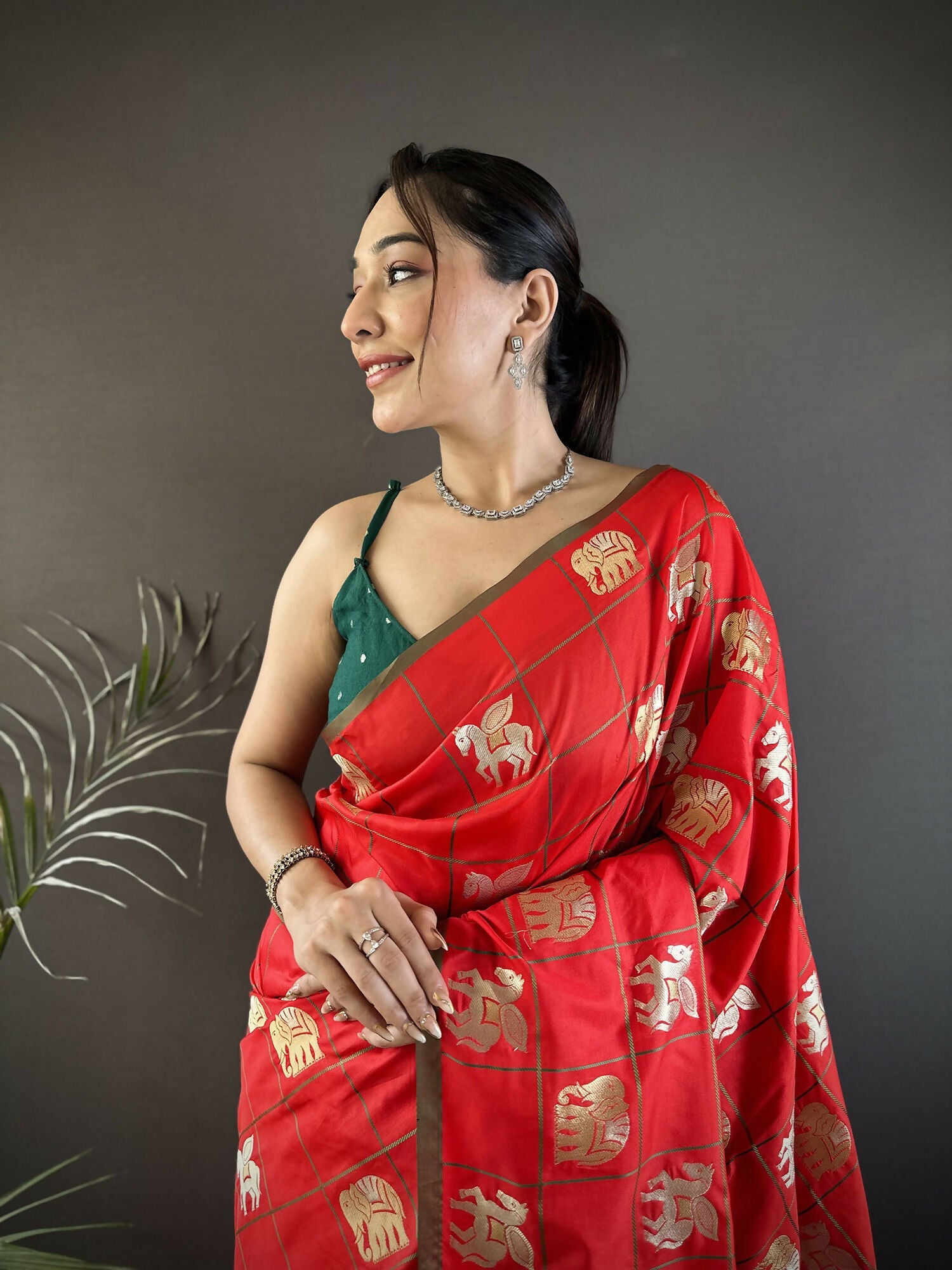 Red Soft Silk Banarasi Saree with Elephant Motifs and Green Blouse
