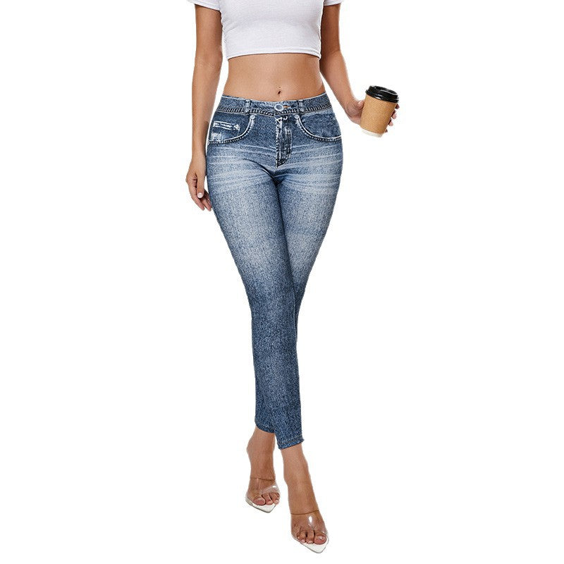 Women wearing high-waisted denim-look yoga leggings with butt-lifting fit in a sporty athleisure style