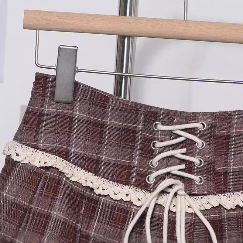 Checkered Pleated Mini Skirt with Decorative Lace-Up Detail - Image 5