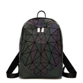 Women's iridescent geometric luminous backpack with adjustable straps and front zipper pocket on a white background, showcasing its unique reflective triangle pattern