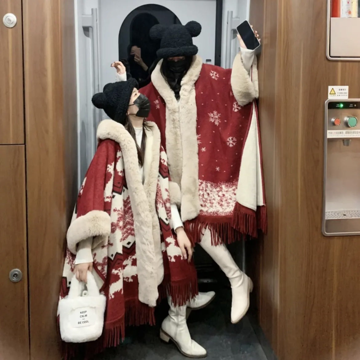 Women's Knitted Hooded Poncho with Fur Trim & Tassels for Winter