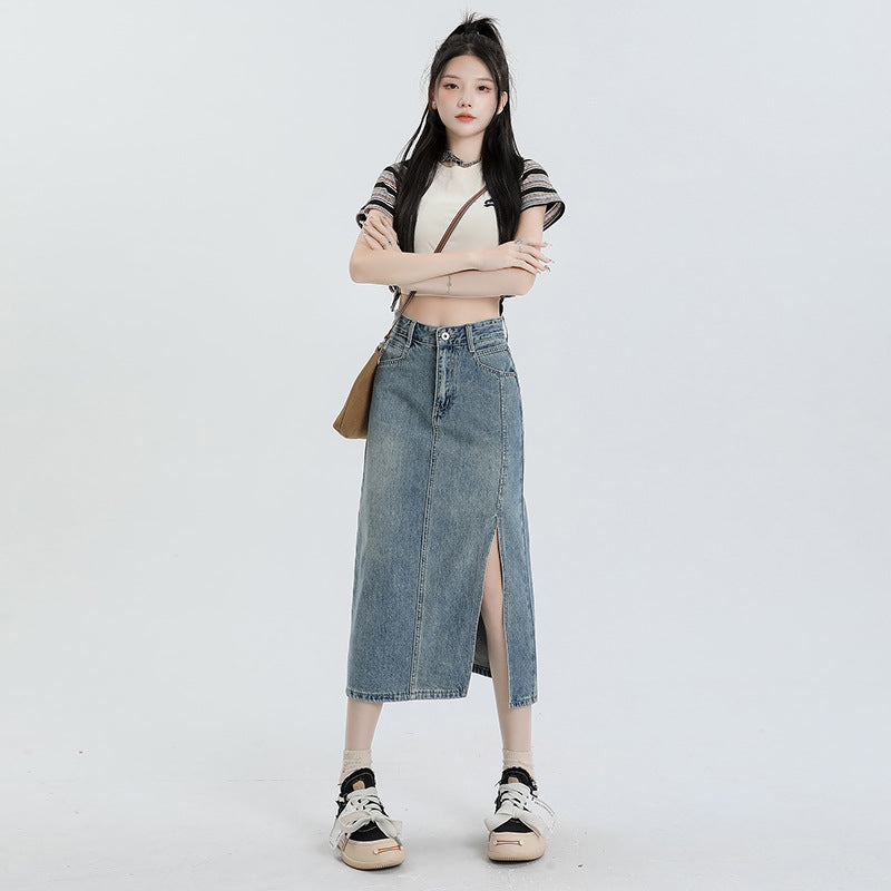 Women's High Waist A-Line Denim Midi Skirt with Side Slit - Image 3