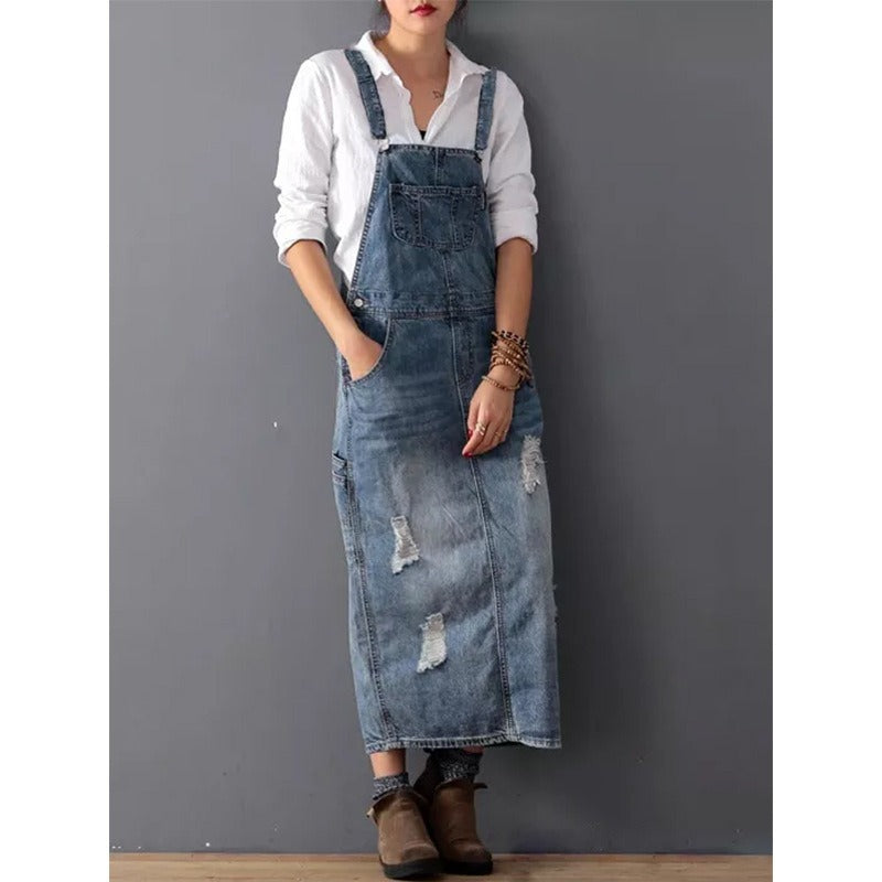 Distressed Blue Denim Overall Midi Dress with Adjustable Straps - Image 2