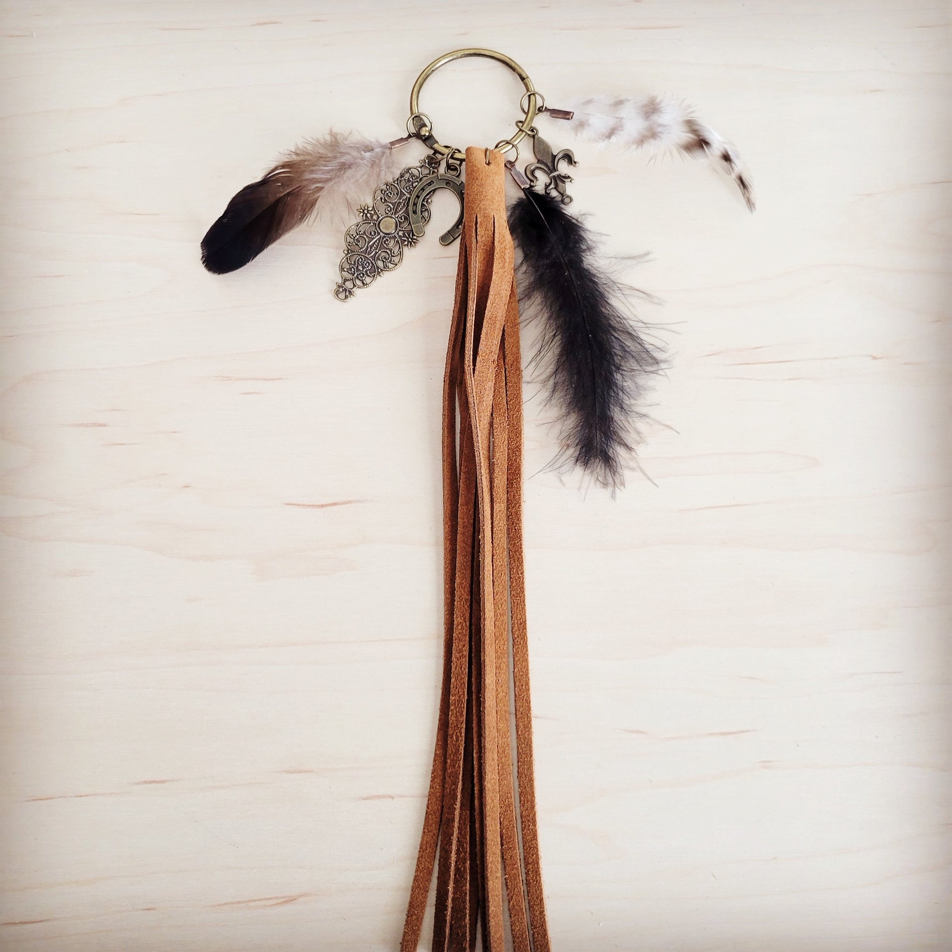 Boho Western Leather Boot Bling Charm Feather & horseshoe 500k