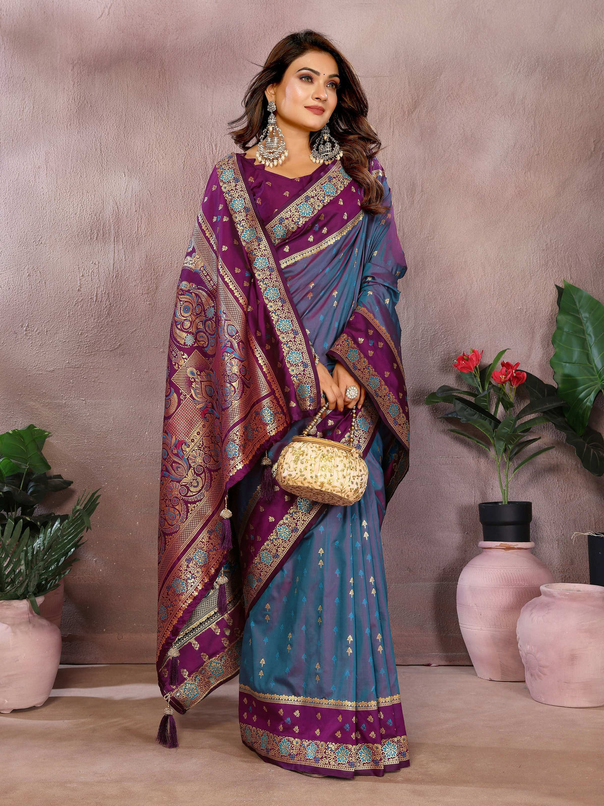 Grey Kalamkari Silk Saree with Zari Woven Detail and Purple Blouse