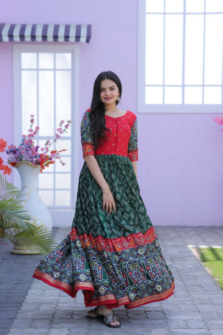 Bottle Green Dola Silk Anarkali with Patola and Foil Print