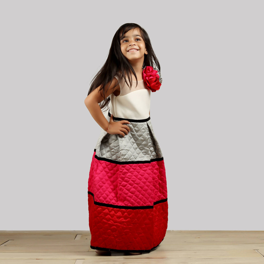 Multicolor Quilted Gown with White Chest and Black Strips