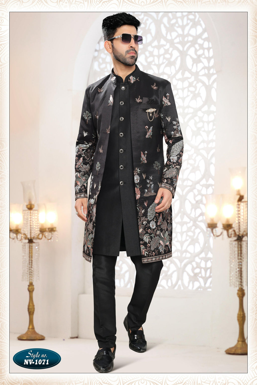 Men's black silk straight kurta set featuring all-over thread and sequence embroidery.