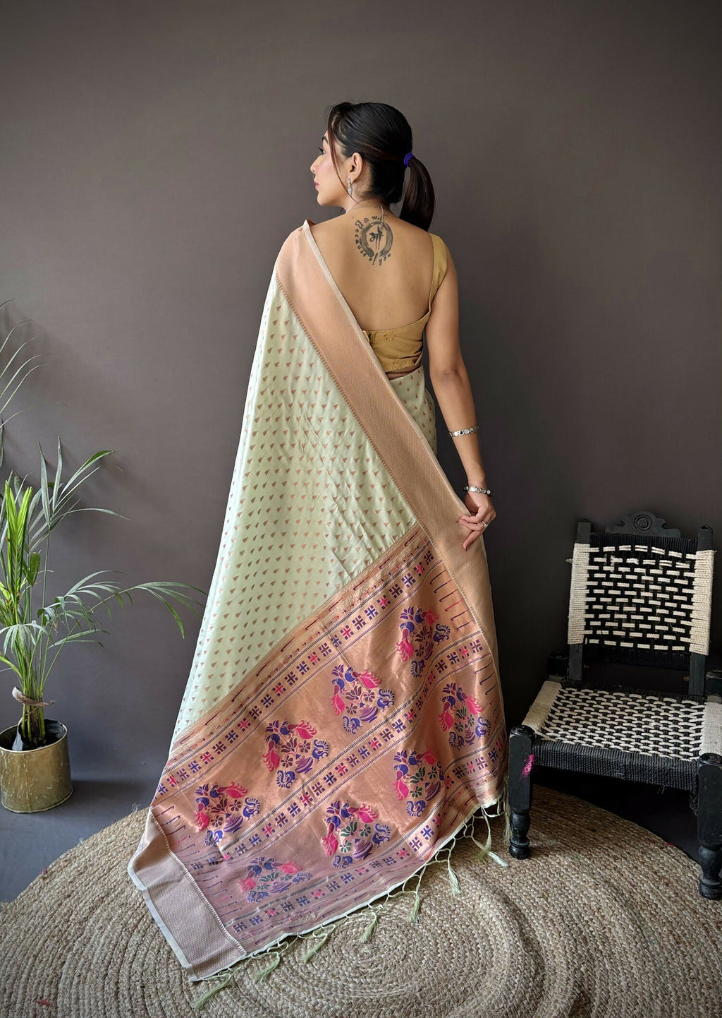 Beige Jacquard Butti Soft Lichi Silk Paithani Saree