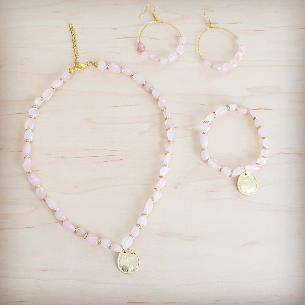 Rose Quartz Beaded Stretch Bracelet with Gold Coin Charm - Image 3