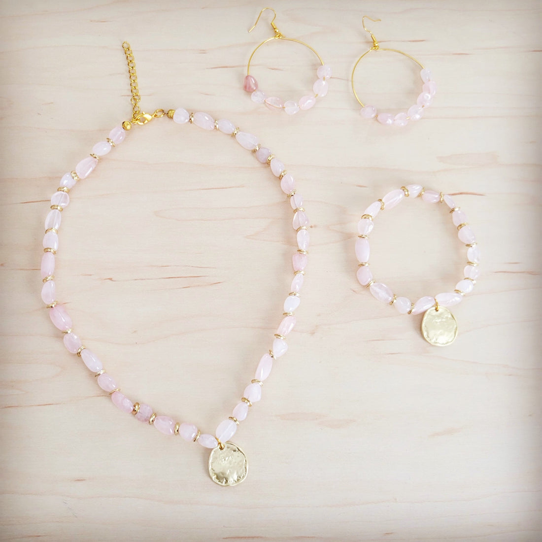 Rose Quartz Beaded Stretch Bracelet with Gold Coin Charm - Image 3