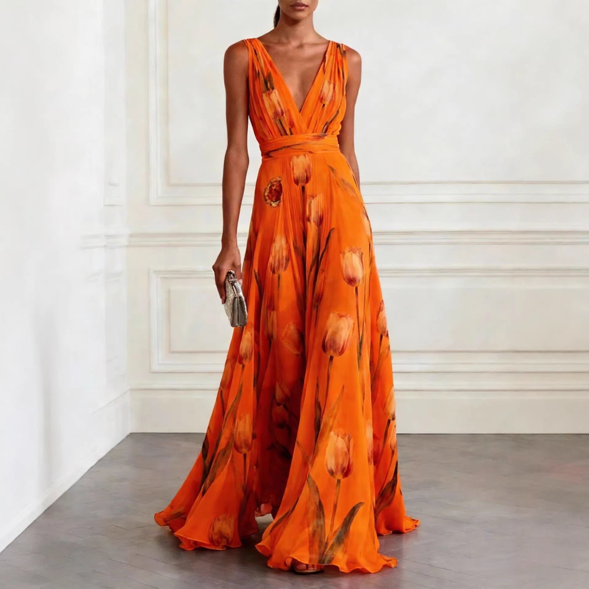 Tulip Print V-Neck Sleeveless Maxi Dress in Chiffon