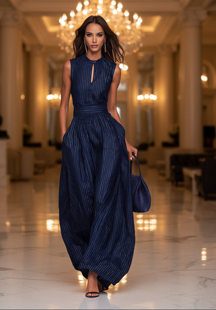 Woman wearing a navy blue striped sleeveless wide-leg jumpsuit with a high-waist silhouette and pockets.