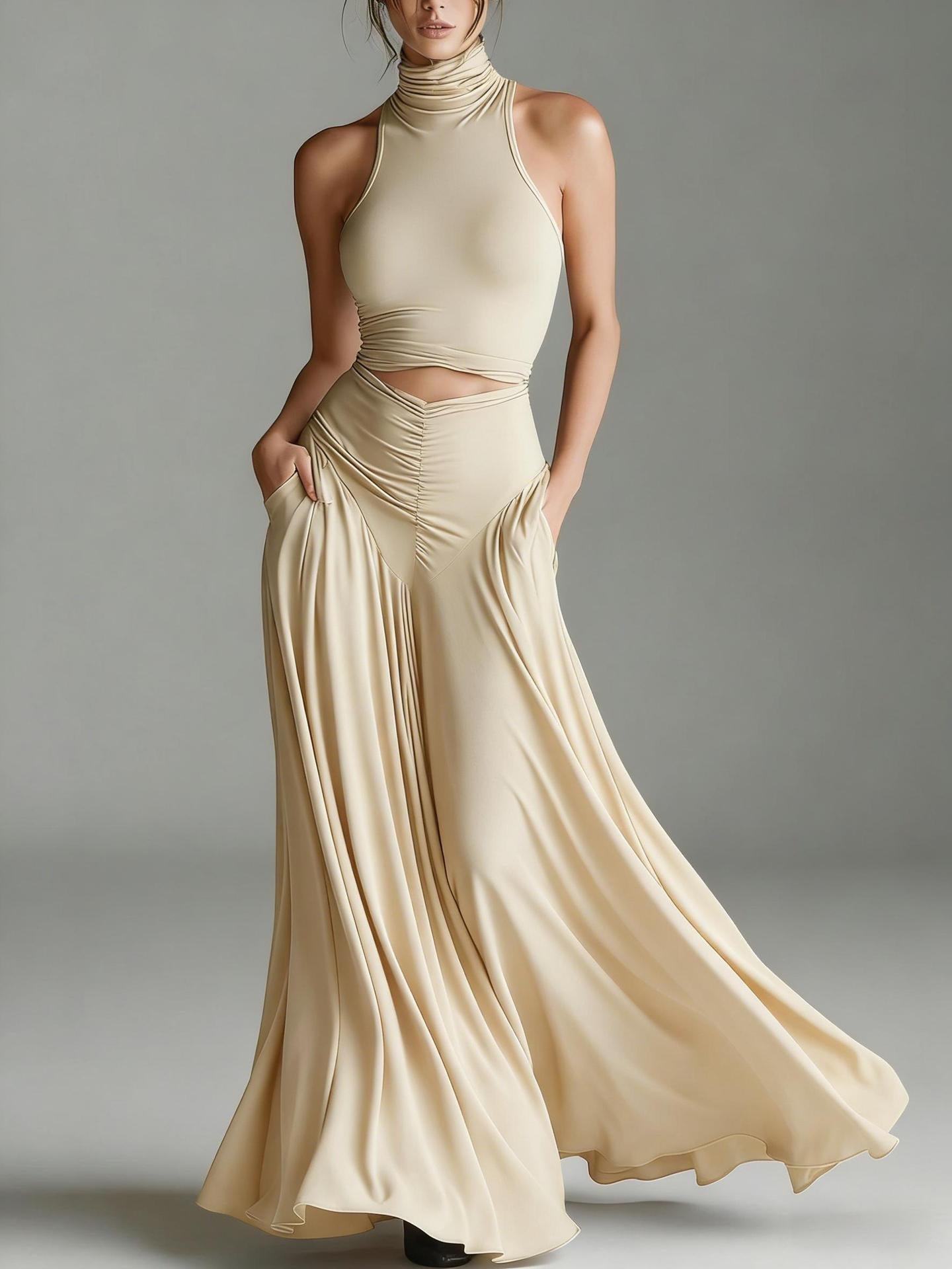 Women's Sleeveless High-Neck Top and Long A-Line Dress Set