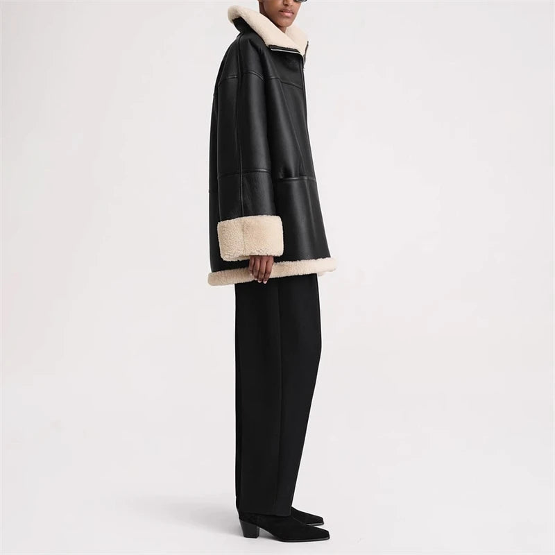 Women's Black Faux Leather Jacket with Cozy Faux Fur Lining - Image 4