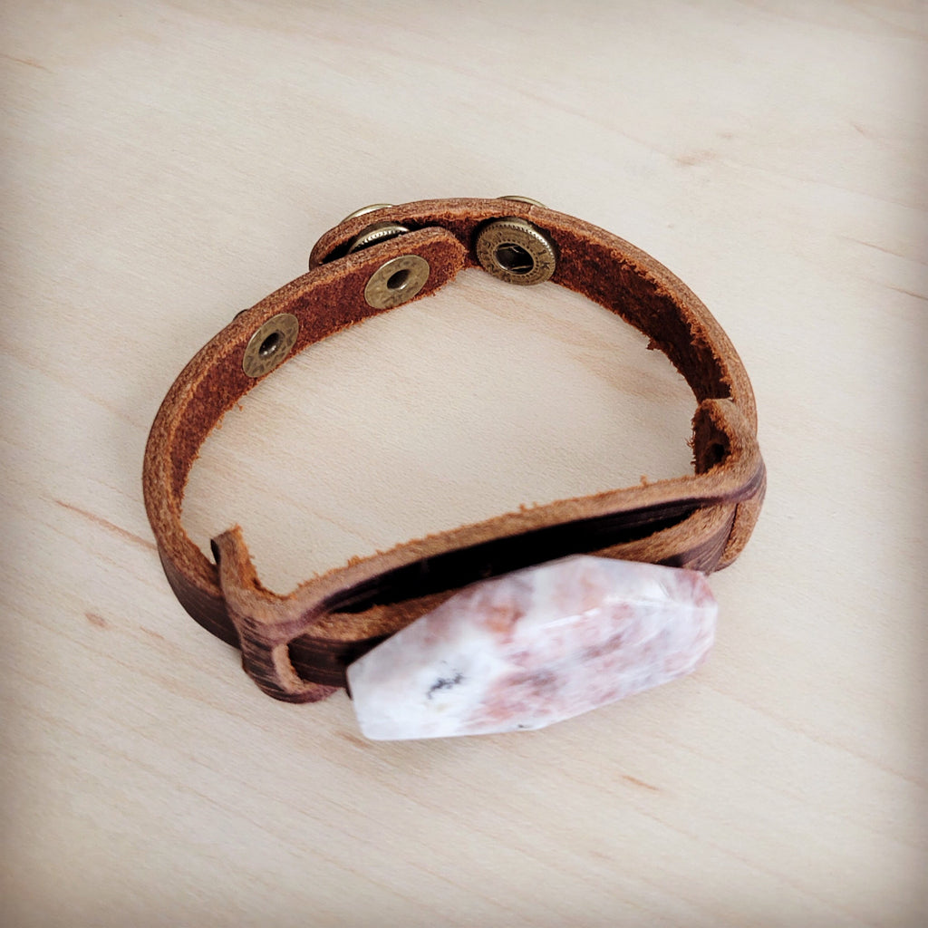 Sunstone Slab Narrow Brown Leather Cuff Bracelet - Image 2