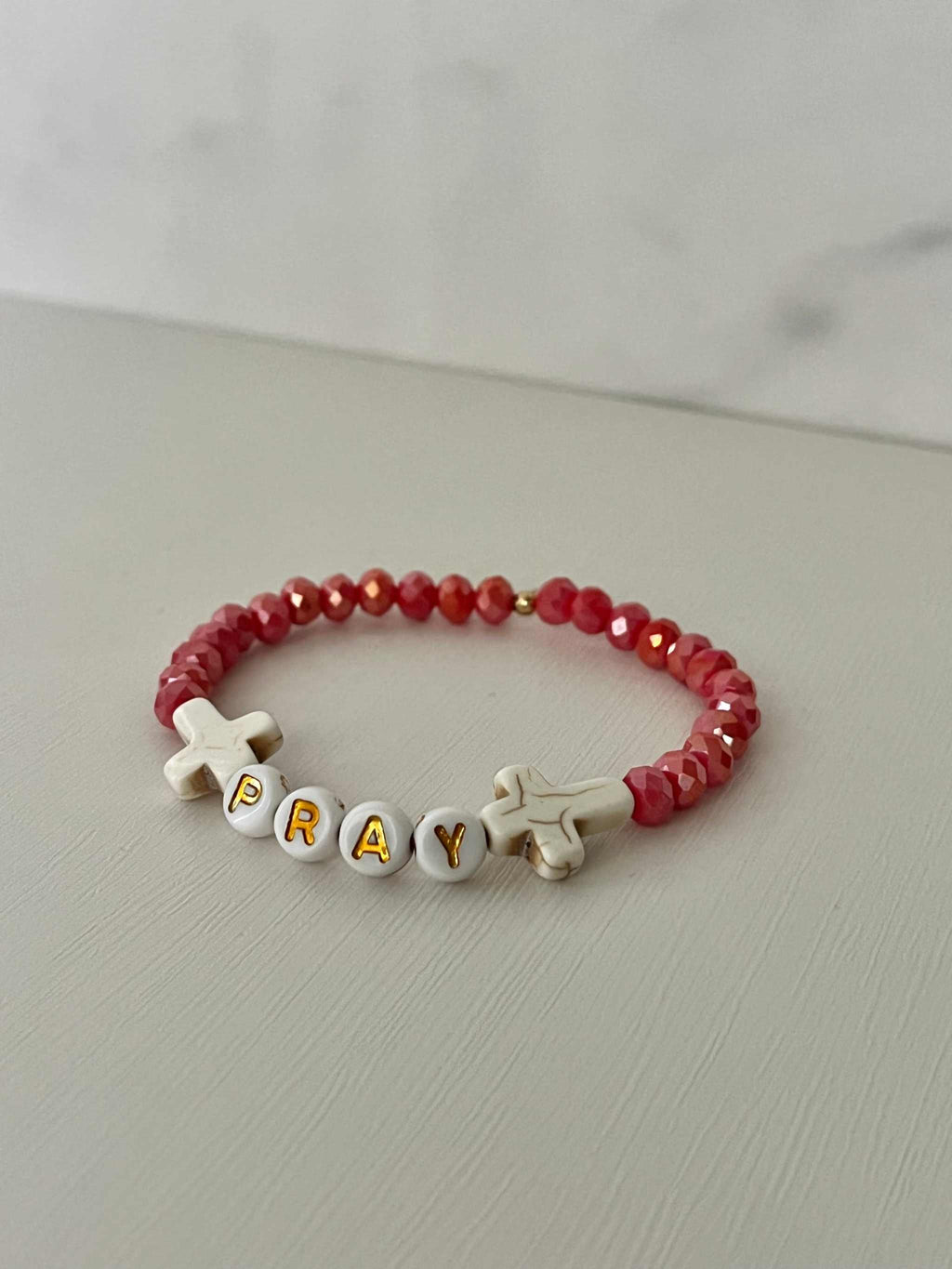Red Faceted PRAY Beaded Bracelet - Handmade Christian Jewelry