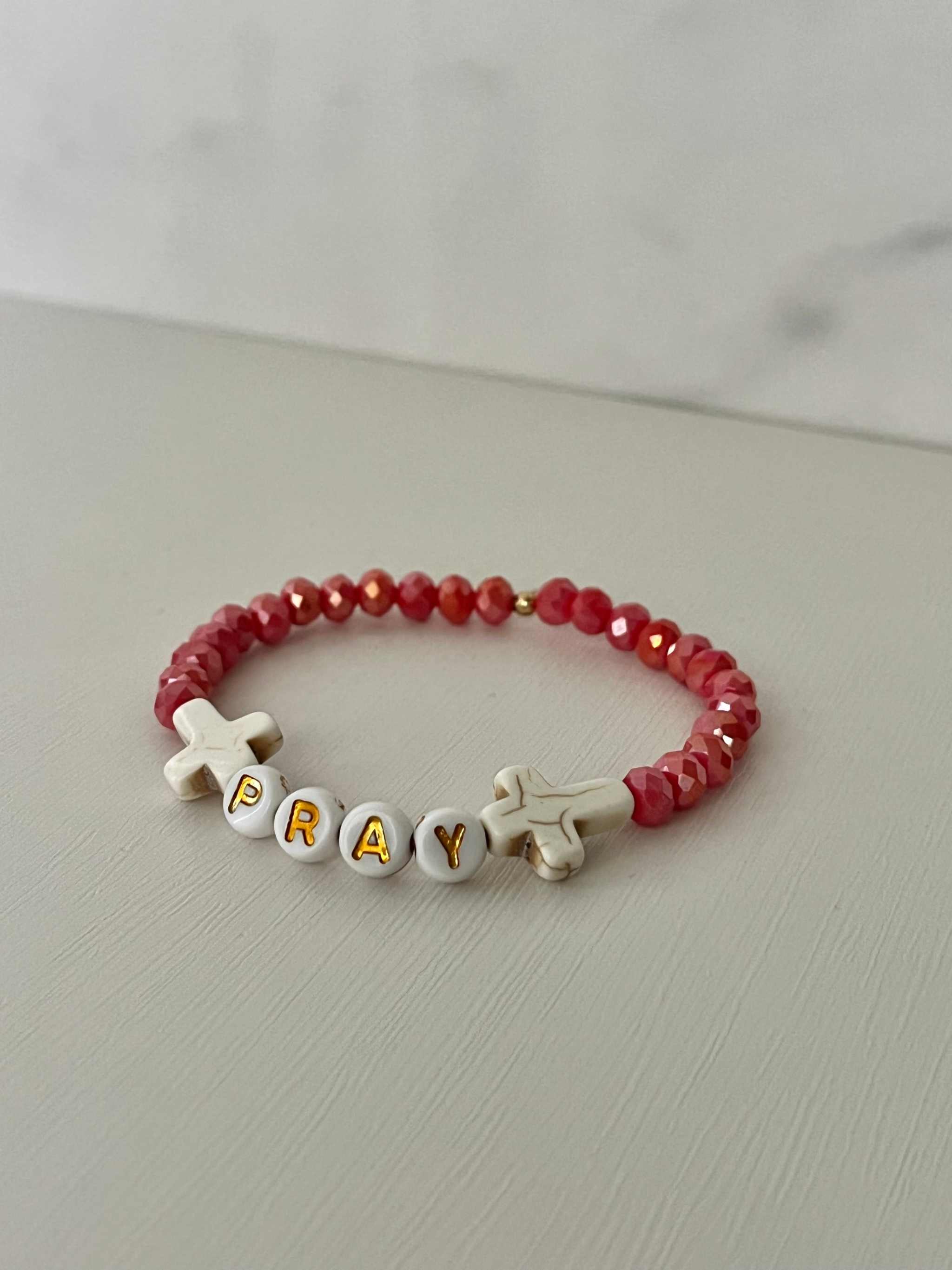 Red Faceted PRAY Beaded Bracelet - Handmade Christian Jewelry
